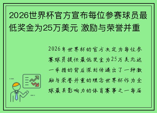 2026世界杯官方宣布每位参赛球员最低奖金为25万美元 激励与荣誉并重 2026世界杯官方宣布每位参赛球员最低奖金为25万美元 激励与荣誉并重